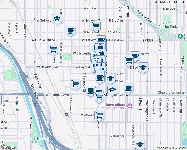 map of restaurants, bars, coffee shops, grocery stores, and more near 135 South Broadway in Denver