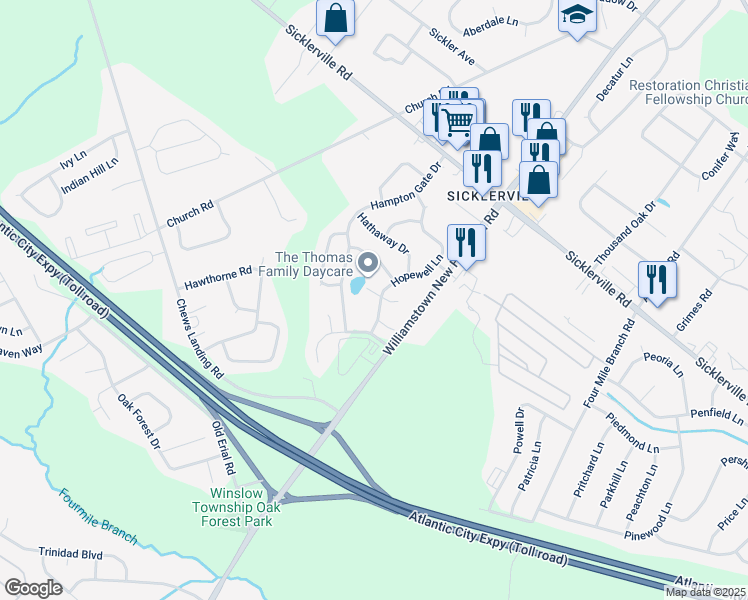 map of restaurants, bars, coffee shops, grocery stores, and more near 17 Hopewell Lane in Sicklerville