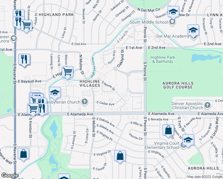 map of restaurants, bars, coffee shops, grocery stores, and more near 148 South Nome Street in Aurora