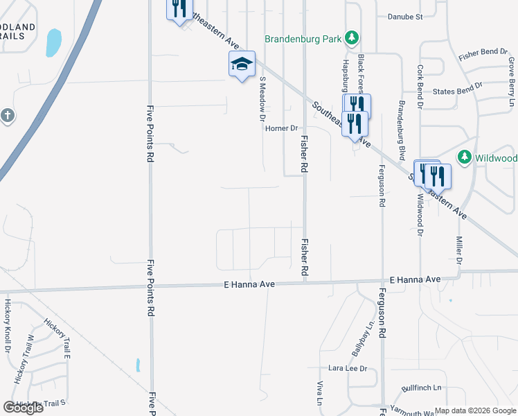 map of restaurants, bars, coffee shops, grocery stores, and more near 7320 East Hanna Avenue in Indianapolis