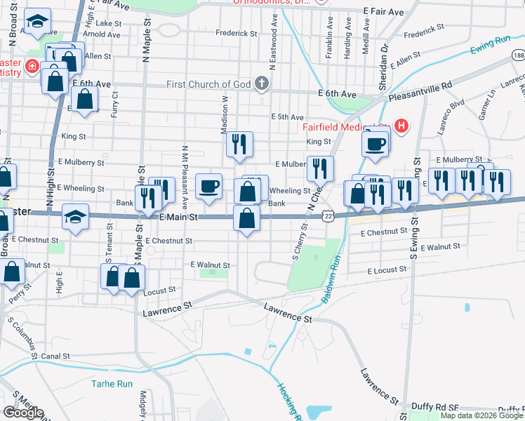 map of restaurants, bars, coffee shops, grocery stores, and more near 106 North Eastwood Avenue in Lancaster