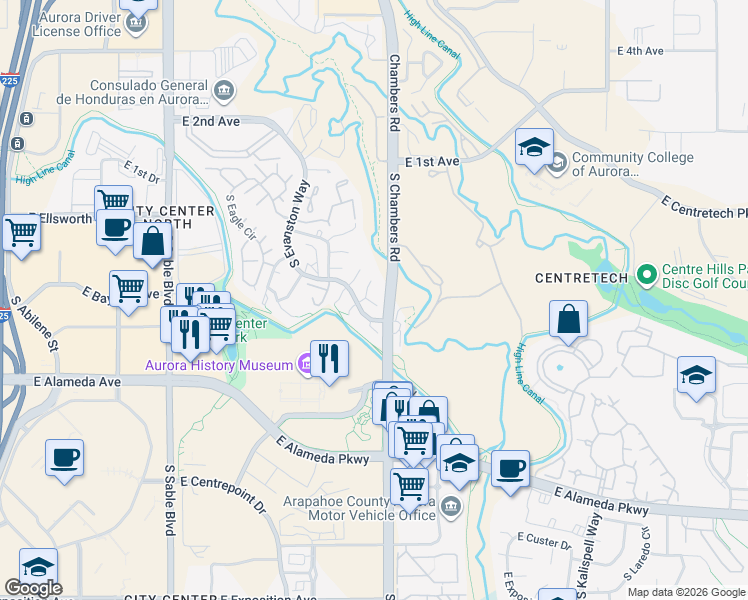 map of restaurants, bars, coffee shops, grocery stores, and more near 153 South Granby Court in Aurora