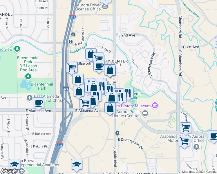 map of restaurants, bars, coffee shops, grocery stores, and more near 165 South Sable Boulevard in Aurora