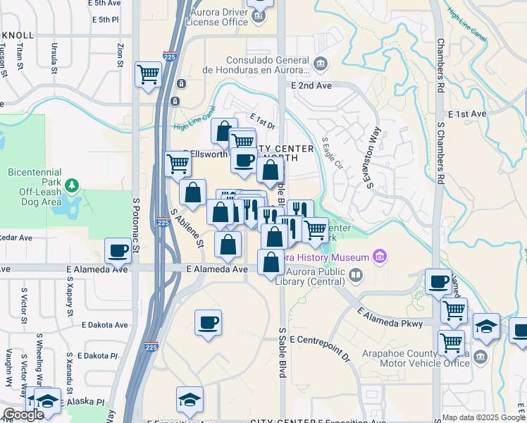 map of restaurants, bars, coffee shops, grocery stores, and more near 165 South Sable Boulevard in Aurora