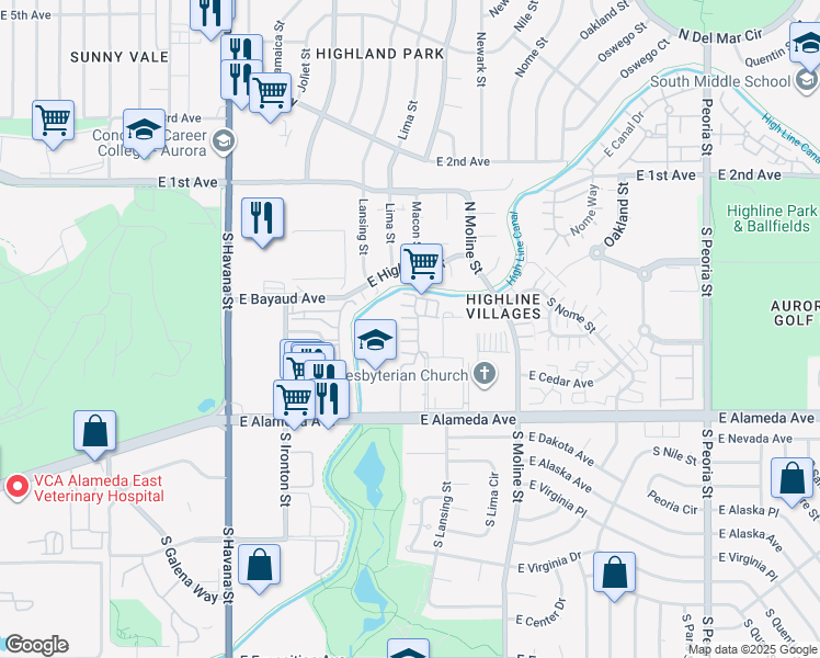 map of restaurants, bars, coffee shops, grocery stores, and more near 11155 East Alameda Avenue in Aurora