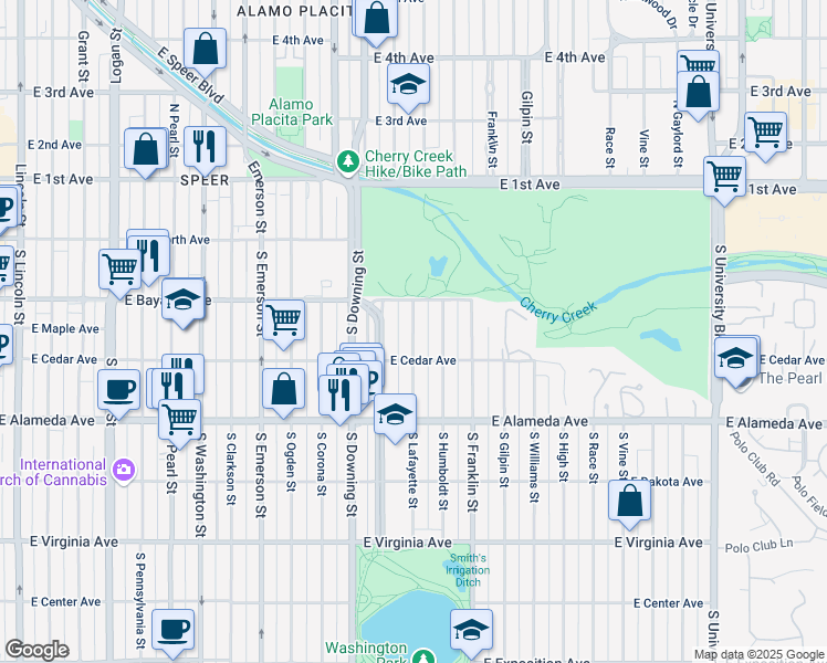 map of restaurants, bars, coffee shops, grocery stores, and more near 141 South Lafayette Street in Denver
