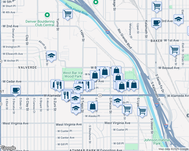 map of restaurants, bars, coffee shops, grocery stores, and more near 1515 West Maple Avenue in Denver
