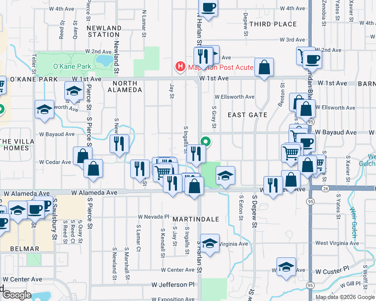 map of restaurants, bars, coffee shops, grocery stores, and more near 155 South Harlan Street in Lakewood