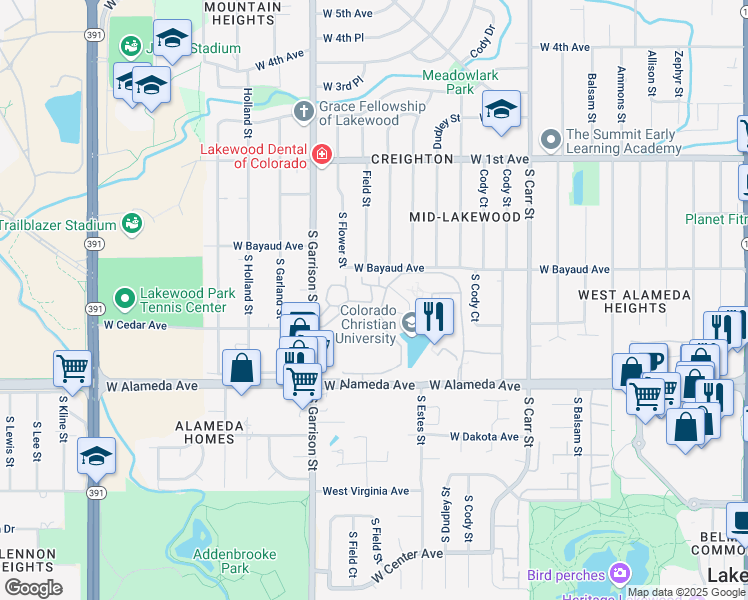 map of restaurants, bars, coffee shops, grocery stores, and more near 9133 West Cedar Drive in Lakewood