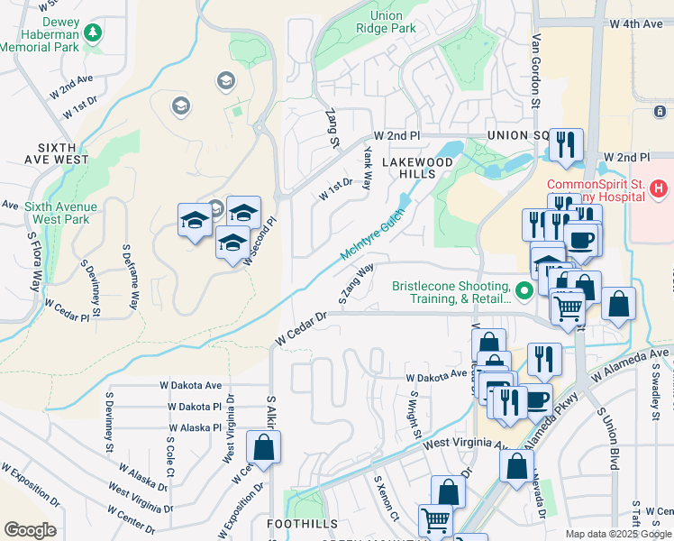 map of restaurants, bars, coffee shops, grocery stores, and more near 141 South Zang Way in Lakewood