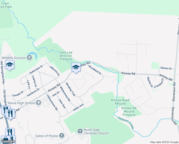 map of restaurants, bars, coffee shops, grocery stores, and more near 1136 Neeld Drive in Xenia