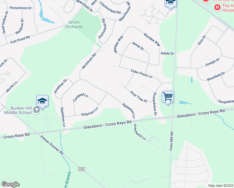 map of restaurants, bars, coffee shops, grocery stores, and more near 32 Appletree Lane in Washington Township