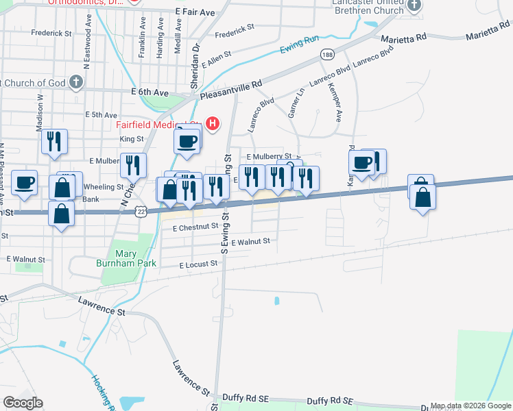 map of restaurants, bars, coffee shops, grocery stores, and more near 1404 East Main Street in Lancaster