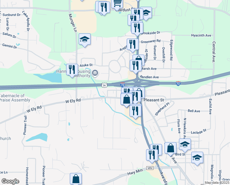 map of restaurants, bars, coffee shops, grocery stores, and more near 3602 Hiawatha Street in Hannibal