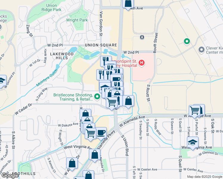 map of restaurants, bars, coffee shops, grocery stores, and more near 95 South Union Boulevard in Denver