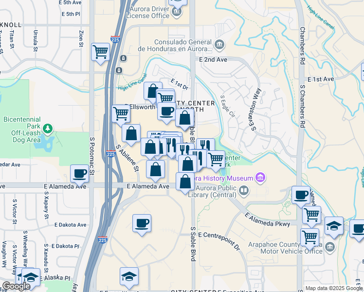 map of restaurants, bars, coffee shops, grocery stores, and more near 165 South Sable Boulevard in Aurora