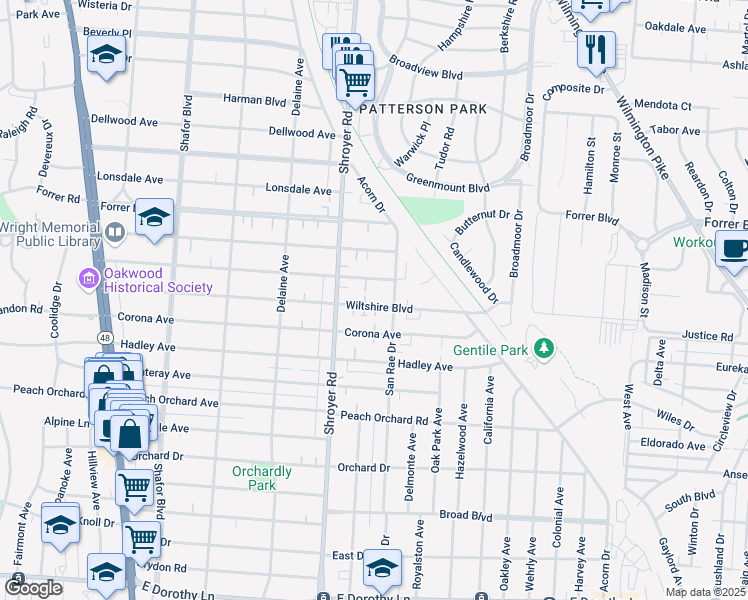 map of restaurants, bars, coffee shops, grocery stores, and more near 527 Wiltshire Boulevard in Dayton