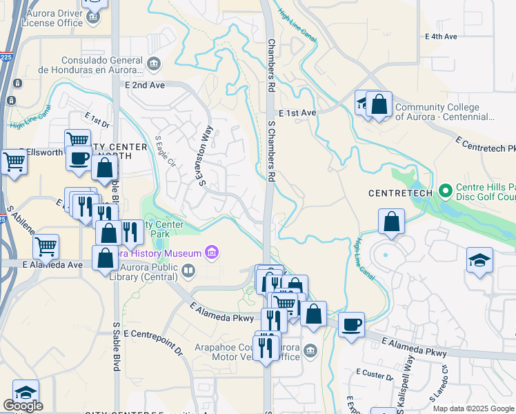 map of restaurants, bars, coffee shops, grocery stores, and more near 153 South Granby Court in Aurora