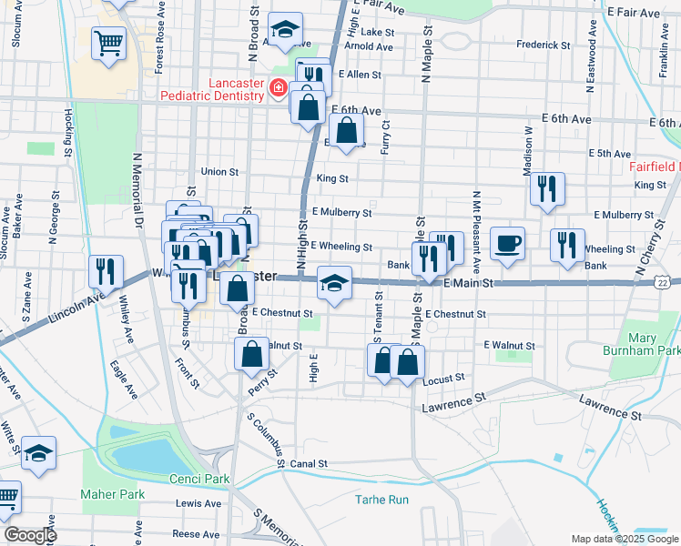 map of restaurants, bars, coffee shops, grocery stores, and more near 317 East Main Street in Lancaster