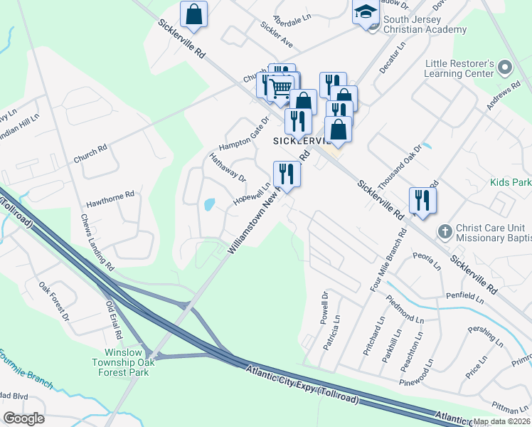 map of restaurants, bars, coffee shops, grocery stores, and more near 551 Williamstown Road in Sicklerville