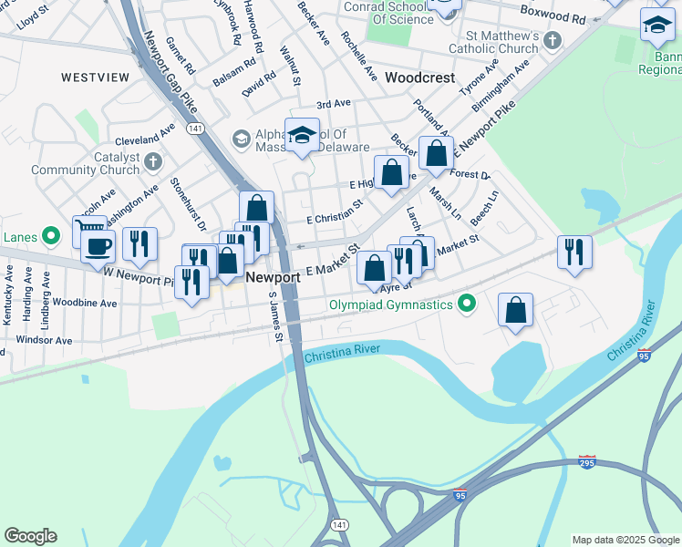 map of restaurants, bars, coffee shops, grocery stores, and more near 220 East Market Street in Wilmington