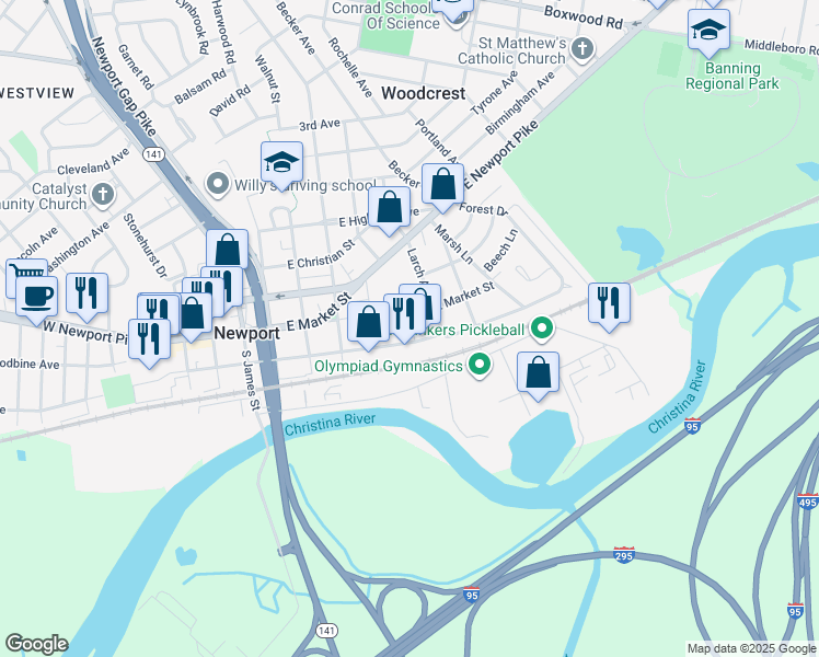 map of restaurants, bars, coffee shops, grocery stores, and more near 1677 East Ayre Street in Wilmington