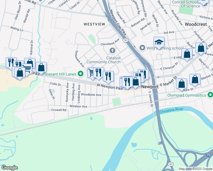 map of restaurants, bars, coffee shops, grocery stores, and more near 601 West Newport Pike in Wilmington