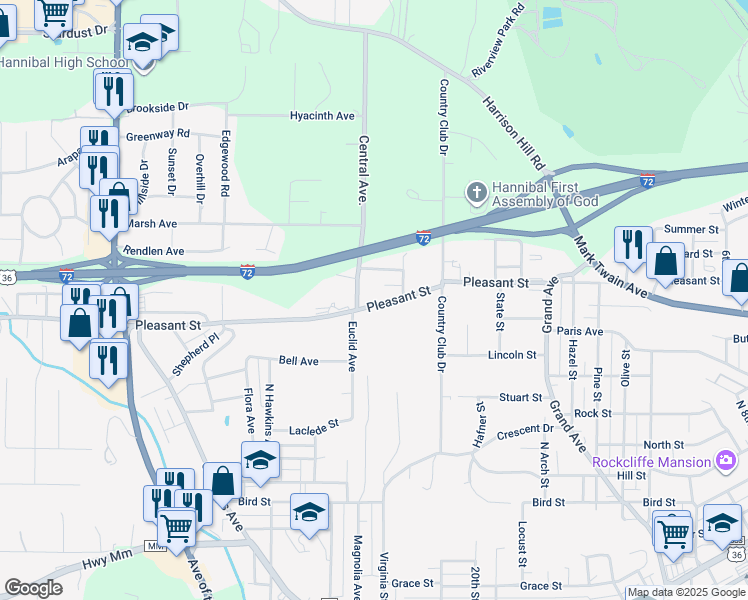 map of restaurants, bars, coffee shops, grocery stores, and more near 2224 Pleasant Street in Hannibal