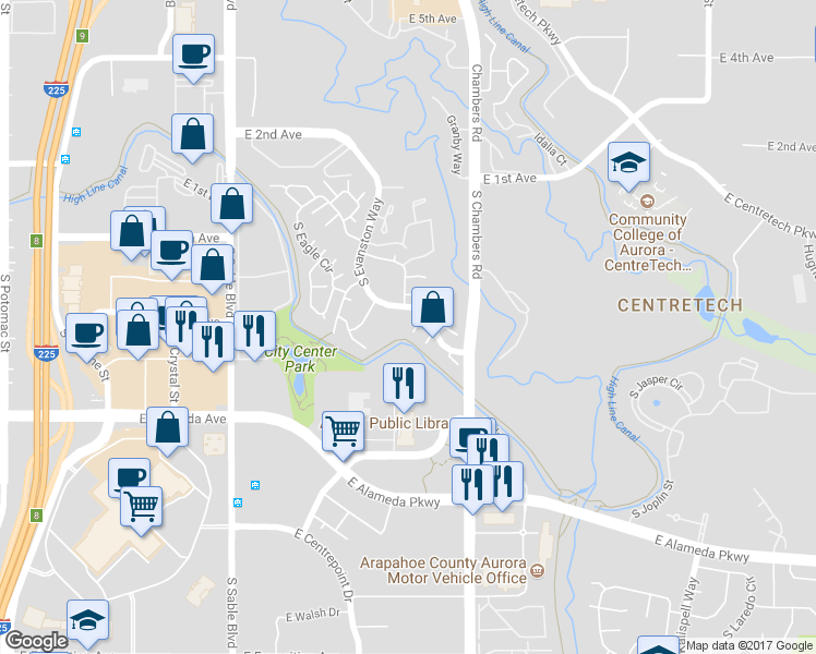 map of restaurants, bars, coffee shops, grocery stores, and more near 171 South Fraser Court in Aurora
