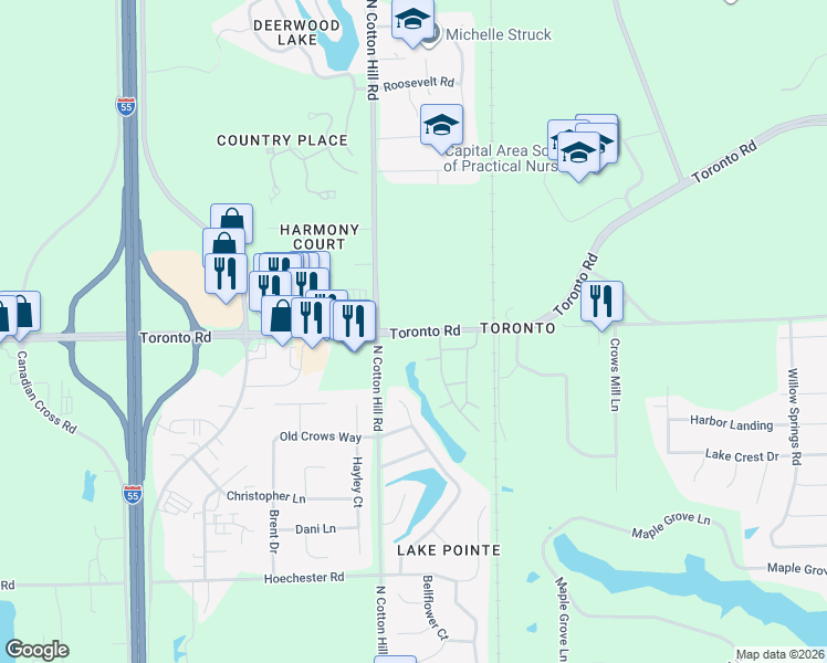 map of restaurants, bars, coffee shops, grocery stores, and more near 1399 Toronto Road in Springfield