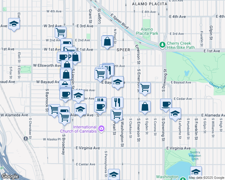 map of restaurants, bars, coffee shops, grocery stores, and more near 141 South Pearl Street in Denver