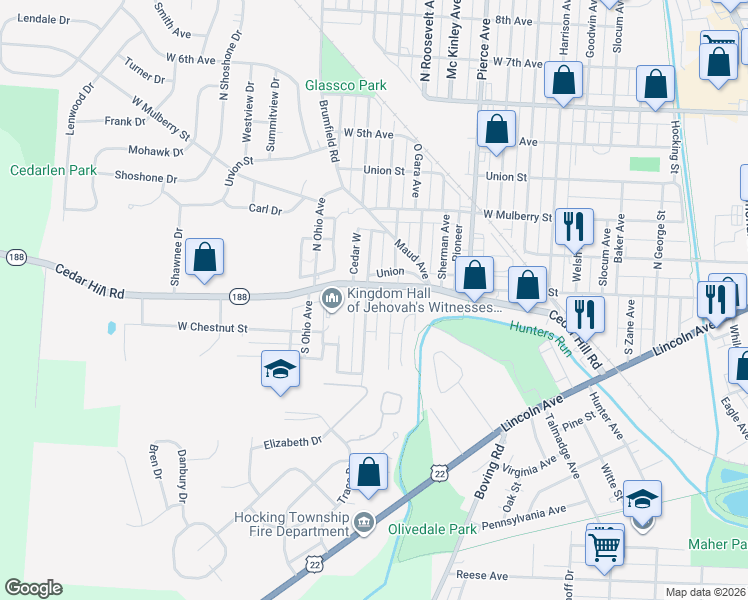 map of restaurants, bars, coffee shops, grocery stores, and more near 116 South Cedar Avenue in Lancaster