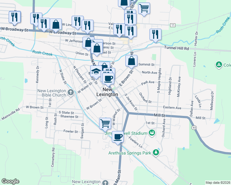 map of restaurants, bars, coffee shops, grocery stores, and more near 107 South Main Street in New Lexington