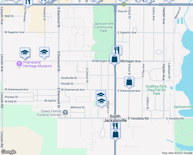 map of restaurants, bars, coffee shops, grocery stores, and more near 301-399 West Pennsylvania Avenue in Jacksonville