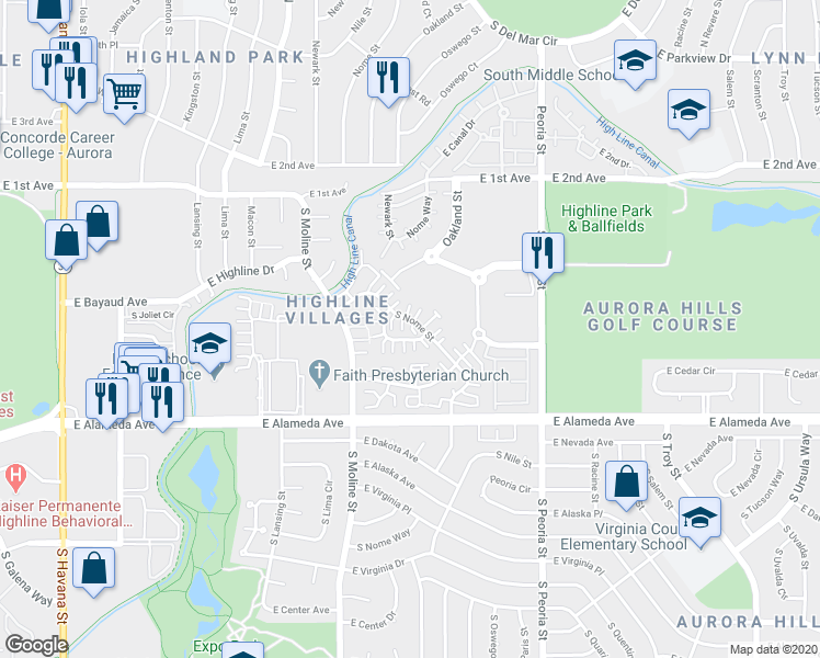 map of restaurants, bars, coffee shops, grocery stores, and more near 61 South Nome Street in Aurora