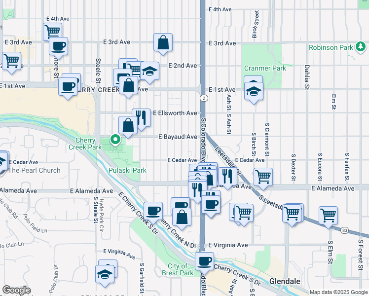 map of restaurants, bars, coffee shops, grocery stores, and more near 133 South Jackson Street in Denver