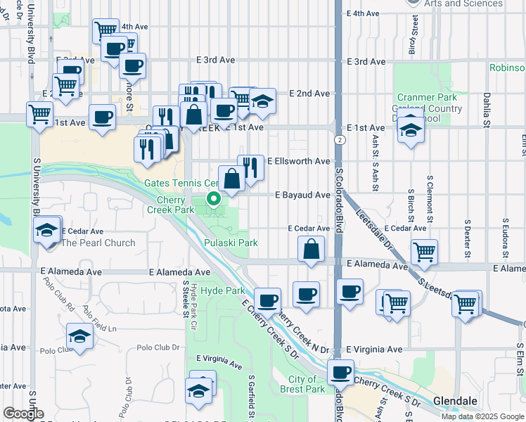 map of restaurants, bars, coffee shops, grocery stores, and more near in Denver