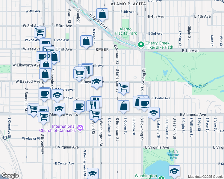 map of restaurants, bars, coffee shops, grocery stores, and more near 140 South Clarkson Street in Denver
