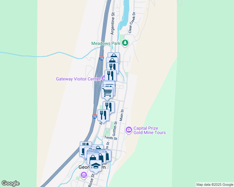 map of restaurants, bars, coffee shops, grocery stores, and more near 1414 Rose Street in Georgetown