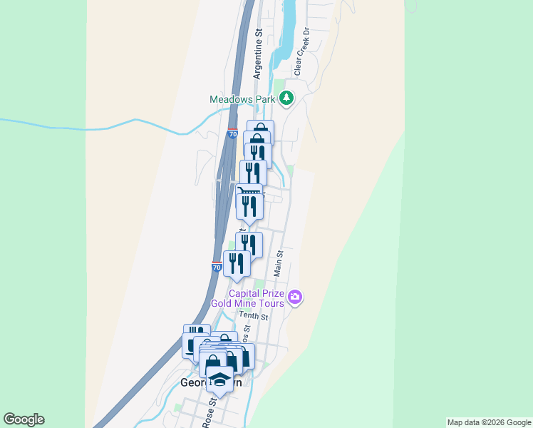 map of restaurants, bars, coffee shops, grocery stores, and more near 1414 Rose Street in Georgetown