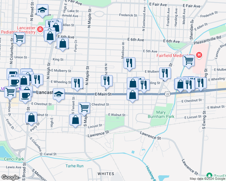 map of restaurants, bars, coffee shops, grocery stores, and more near 627 Mount Pleasant East in Lancaster