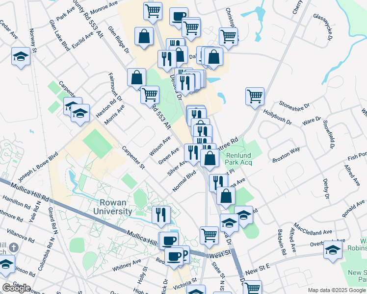 map of restaurants, bars, coffee shops, grocery stores, and more near 556 County Road 553 Alternate in Glassboro