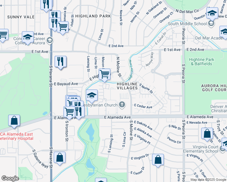 map of restaurants, bars, coffee shops, grocery stores, and more near 11225 East Alameda Avenue in Aurora
