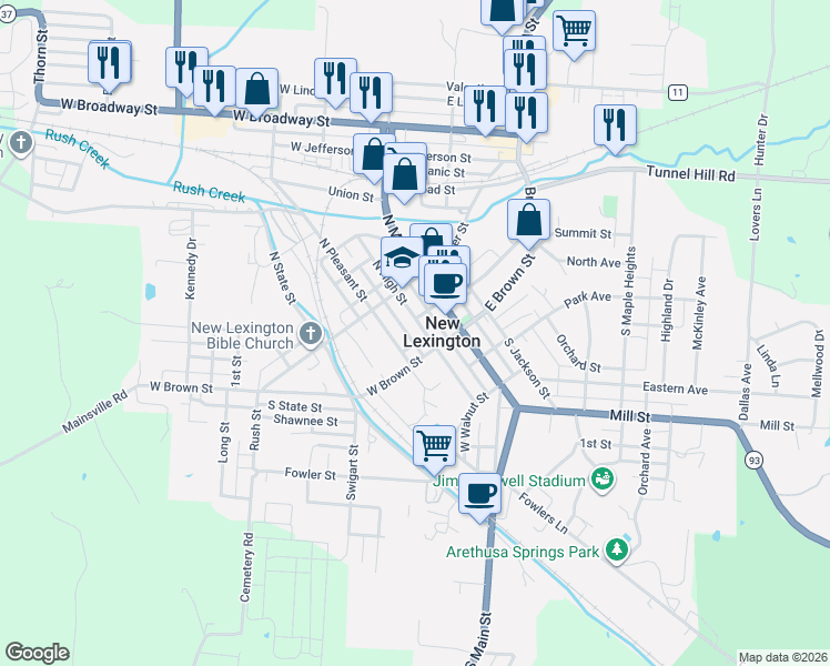 map of restaurants, bars, coffee shops, grocery stores, and more near in New Lexington