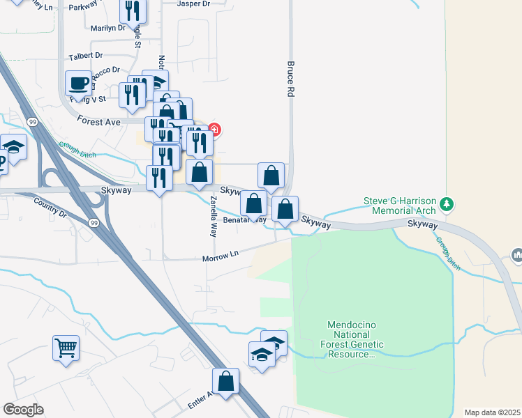 map of restaurants, bars, coffee shops, grocery stores, and more near 3880 Benatar Way in Chico