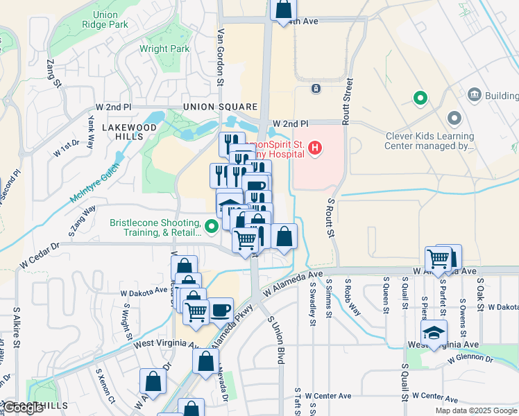 map of restaurants, bars, coffee shops, grocery stores, and more near 95 South Union Boulevard in Denver