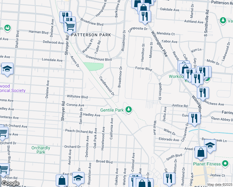 map of restaurants, bars, coffee shops, grocery stores, and more near 725 Wiltshire Boulevard in Dayton