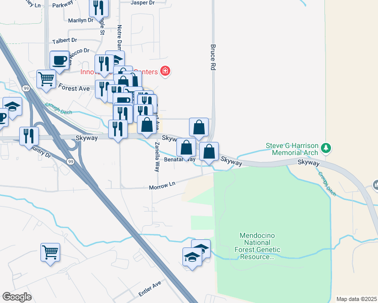 map of restaurants, bars, coffee shops, grocery stores, and more near 3880 Benatar Way in Chico