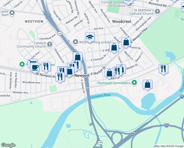 map of restaurants, bars, coffee shops, grocery stores, and more near 114 East Market Street in Newport