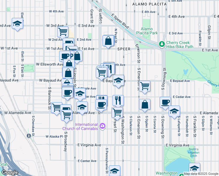 map of restaurants, bars, coffee shops, grocery stores, and more near 136 South Pennsylvania Street in Denver